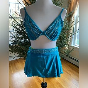 Skye Two Piece Teal Blue Sequin Embellished Bikini Skort Set Size Large